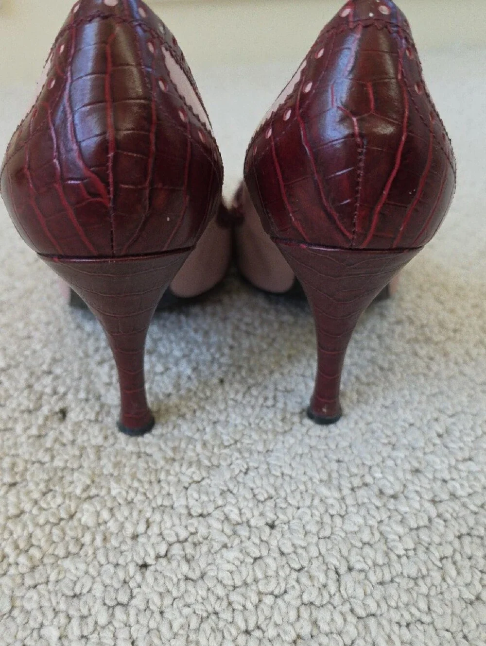Nine West Burgundy Croc-Embossed Pointed-Toe Heels with Fringe
